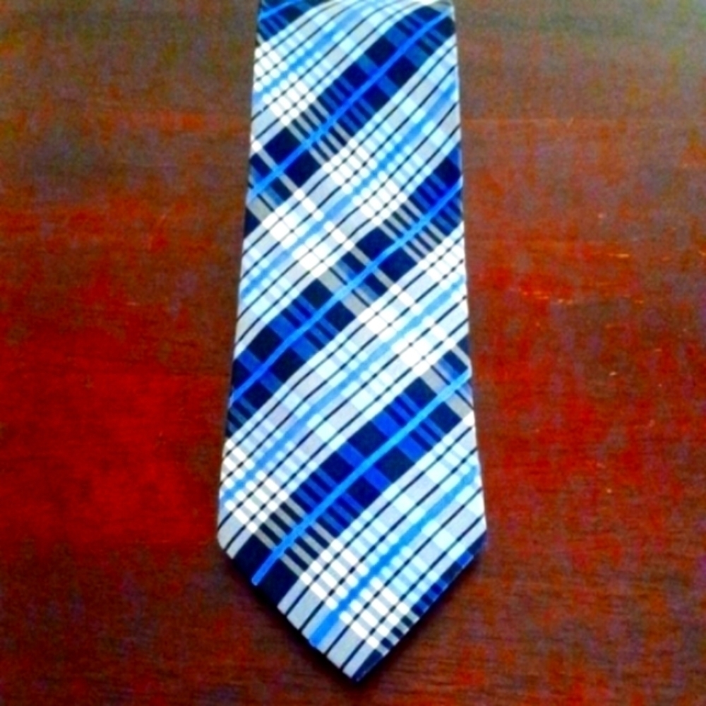PIERRE CARDIN Blue and White Plaid Silk Necktie